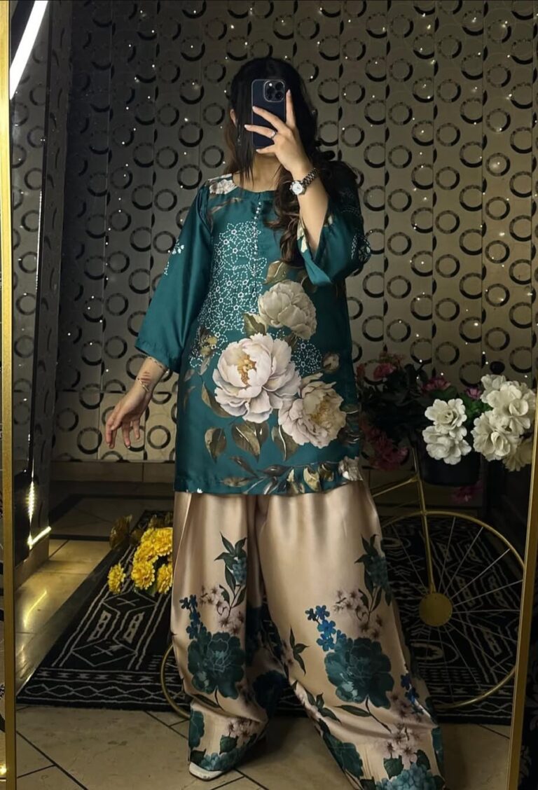 Emerald Blossom Floral Co-ord Set - front view with teal green shirt and beige palazzo