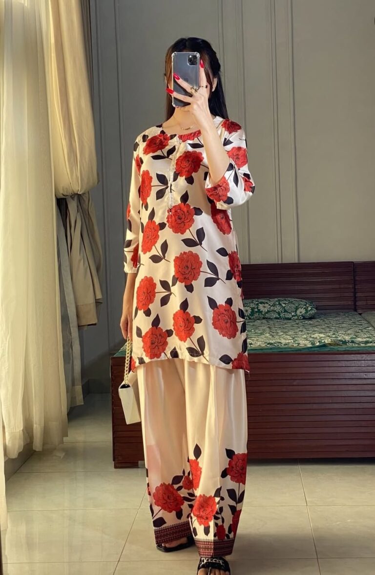 Scarlet Rose Digital Print Co-ord Set - full outfit view with cream shirt and red rose floral palazzo
